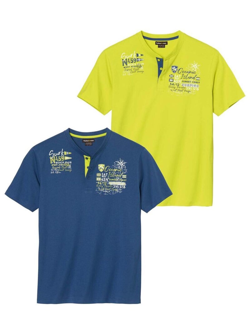 Lot de 2 Tee-Shirts Col Boutonné   - ATLAS FOR MEN Bleu Vert - Kiabi