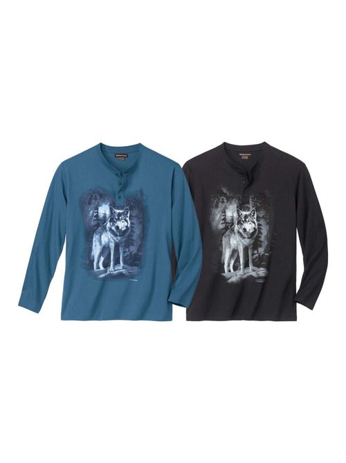 Lot de 2 Tee-Shirts Col Boutonné Loups   - ATLAS FOR MEN - Kiabi