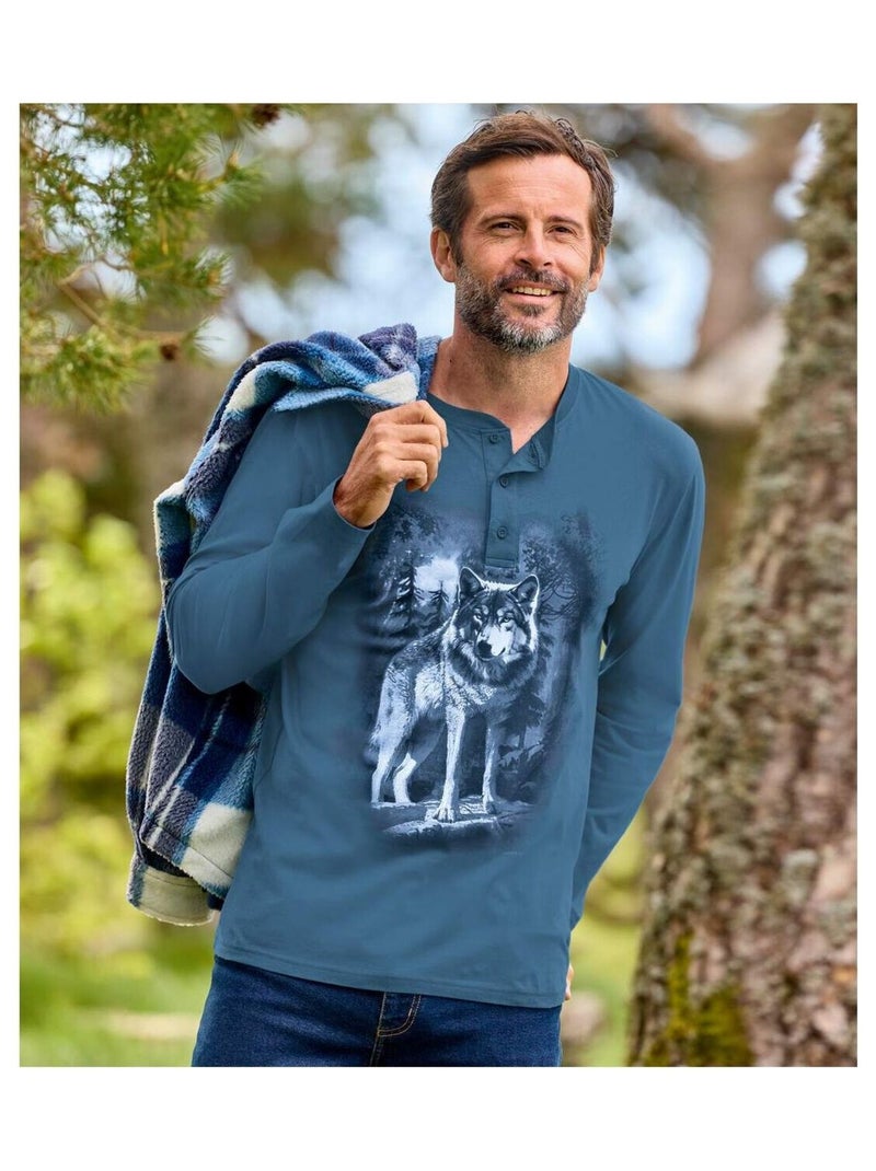 Lot de 2 Tee-Shirts Col Boutonné Loups   - ATLAS FOR MEN Bleu Noir - Kiabi