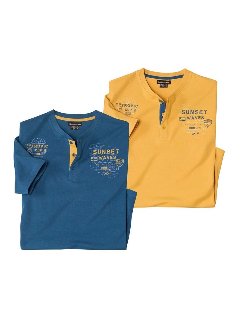 Lot de 2 Tee-Shirts Col Boutonné Tropic Cup   - ATLAS FOR MEN Bleu Jaune - Kiabi
