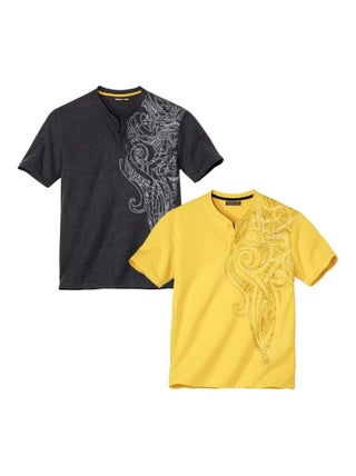 Lot de 2 Tee-Shirts Col Tunisien Imprimé Maori  - ATLAS FOR MEN