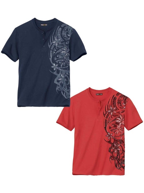 Lot de 2 Tee-Shirts Col Tunisien Imprimé Tahitien - ATLAS FOR MEN - Kiabi Lot de 2 Tee-Shirts Col Tunisien Imprimé Tahitien - ATLAS FOR MEN - Kiabi