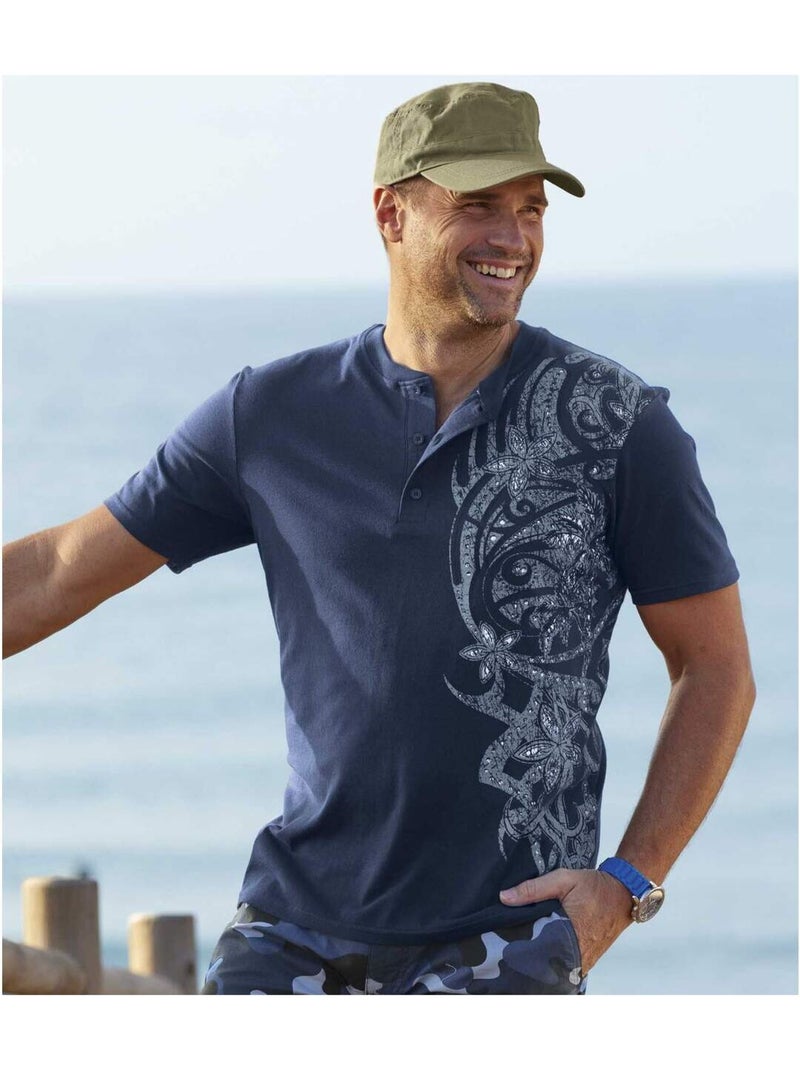 Lot de 2 Tee-Shirts Col Tunisien Imprimé Tahitien   - ATLAS FOR MEN Bleu Rouge - Kiabi