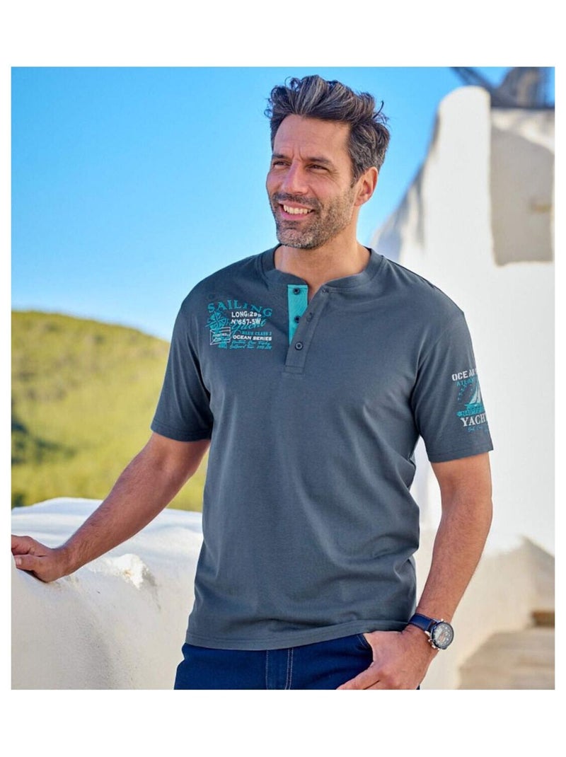 Lot de 2 Tee-Shirts Col Tunisien Sailing   - ATLAS FOR MEN Bleu turquoise - Kiabi