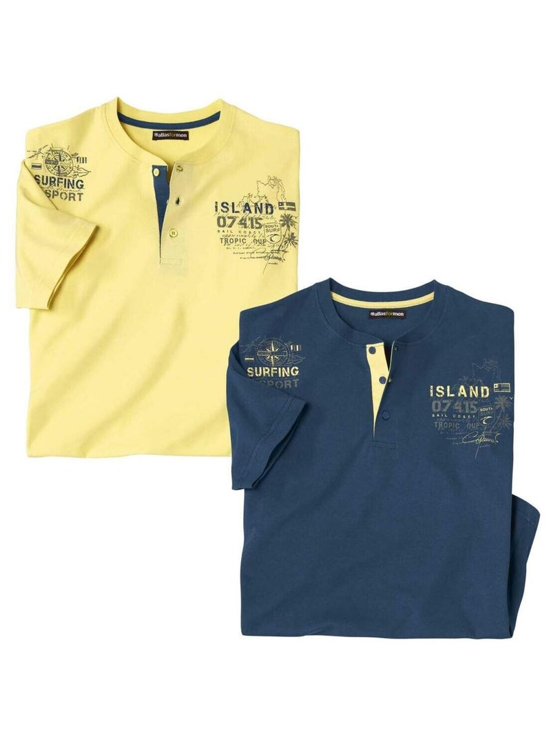 Lot de 2 Tee-Shirts Col Tunisien Sun Island   - ATLAS FOR MEN Bleu Jaune - Kiabi