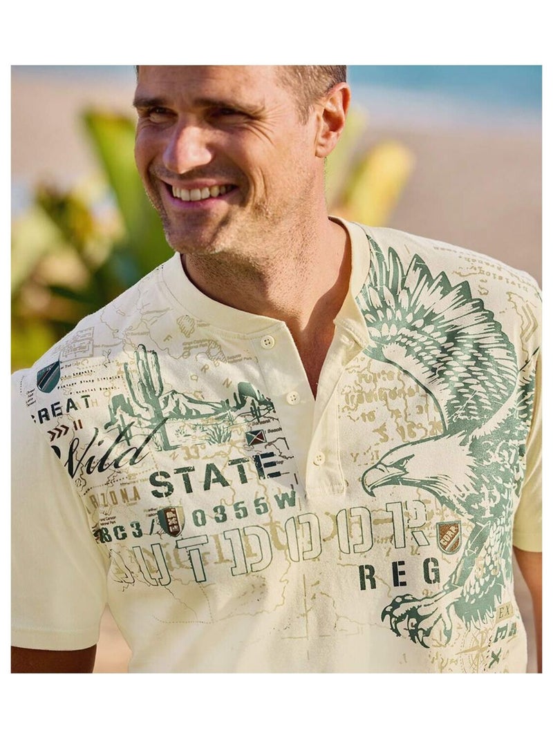 Lot de 2 Tee-Shirts Col Tunisien USA   - ATLAS FOR MEN Blanc Ecru - Kiabi