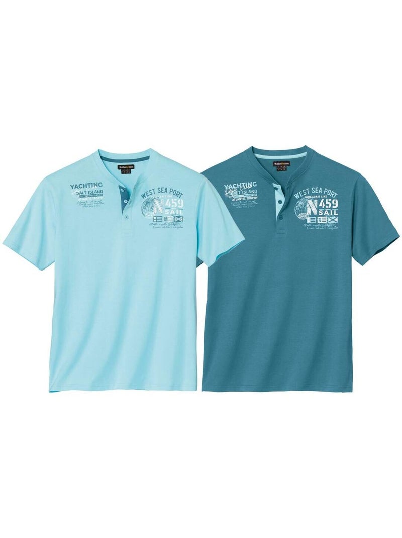 Lot de 2 Tee-Shirts Col Tunisiens Calvi   - ATLAS FOR MEN Bleu turquoise - Kiabi