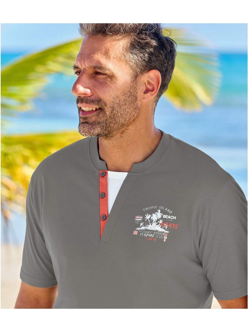 Lot de 2 Tee-Shirts Double Col Iles Tropicales   - ATLAS FOR MEN Gris Rouge - Kiabi