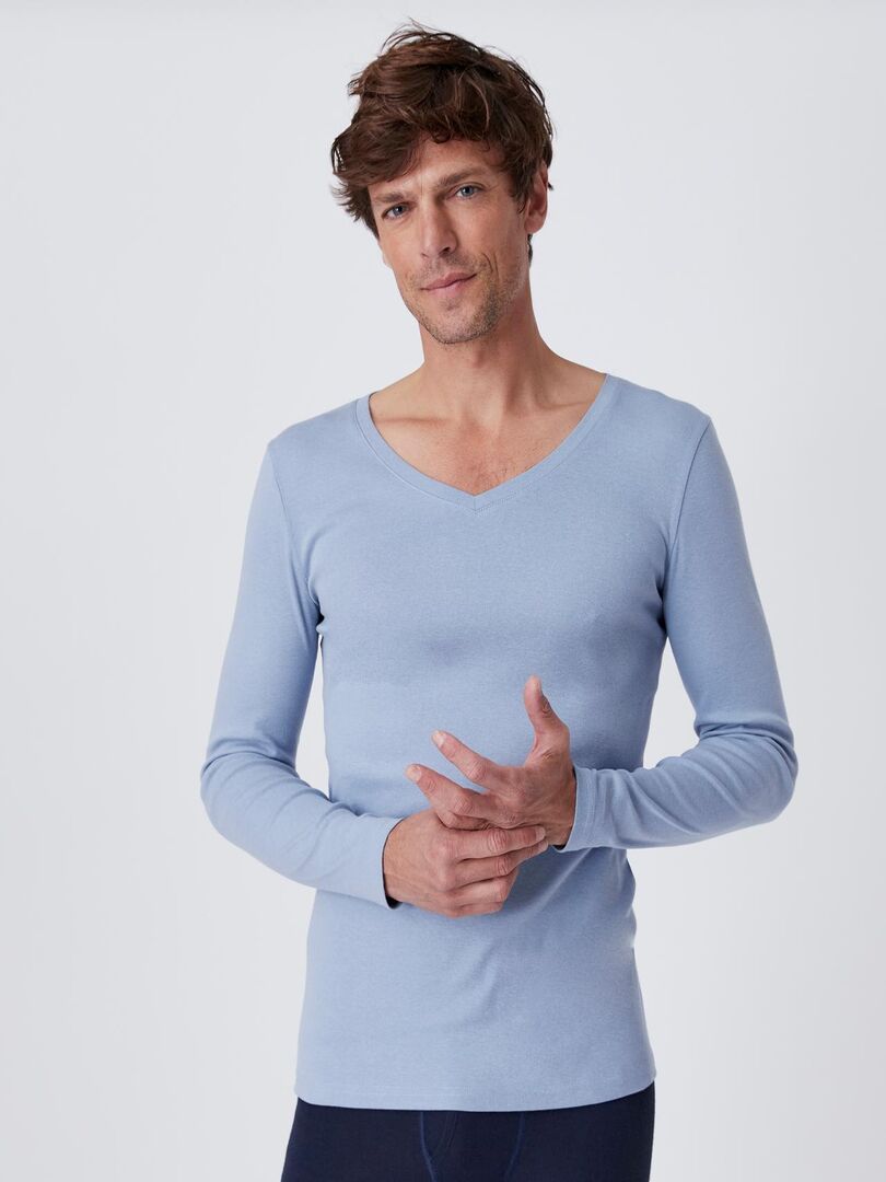 T-shirt Homme CAW Essentials, Bleu, Col V, Manches Longues, Taille M, Coton