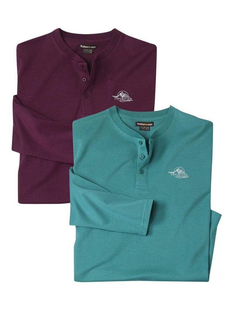 Lot de 2 Tee-Shirts Manches Longues Col Tunisien Expédition  - ATLAS FOR MEN Vert/Rouge - Kiabi