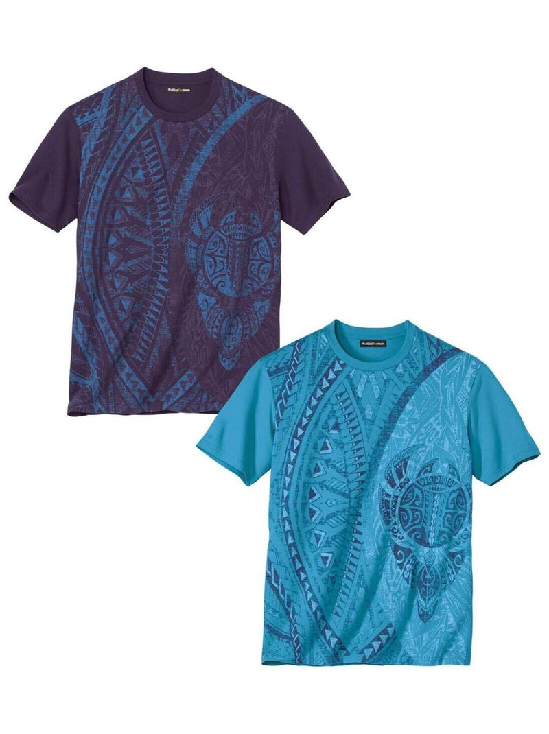 Lot de 2 Tee-Shirts Motifs Maori   - ATLAS FOR MEN Bleu Violet - Kiabi