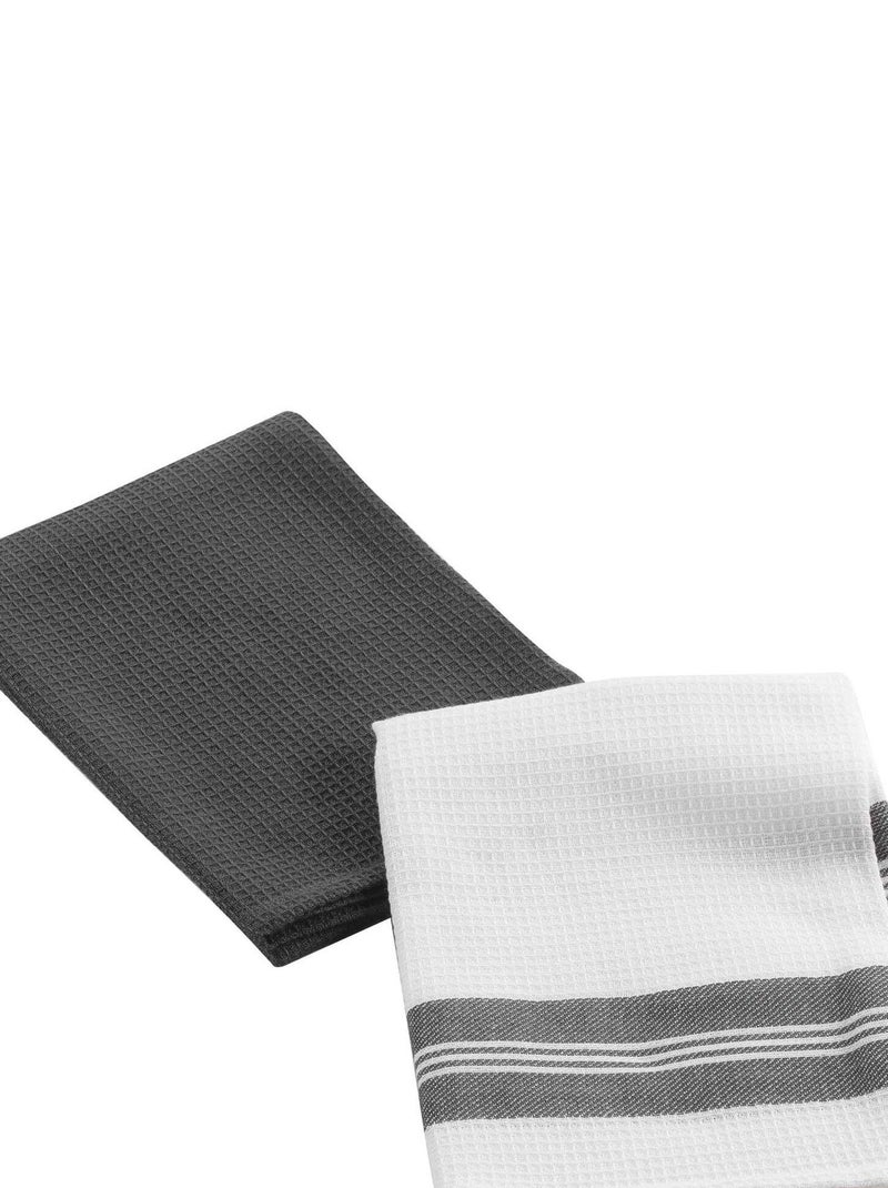 Lot de 2 torchons Collection Nid d'abeille bicolore gris anthracite - Kiabi