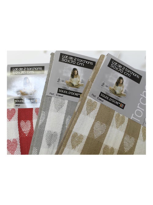 Lot de 2 torchons en coton COEUR taupe, jacquard 50x70 cm - Kiabi