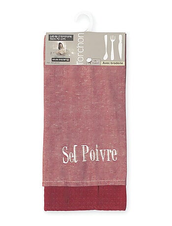 Lot de 2 torchons en coton SEL et POIVRE rouge, brodé 50x70 cm