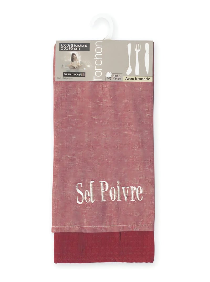 Lot de 2 torchons en coton SEL et POIVRE rouge, brodé 50x70 cm Rouge - Kiabi