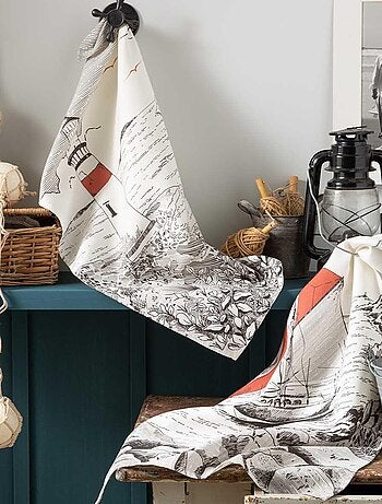 Lot de 2 torchons en métis imprimés, PHARE ET VOILIER