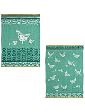 Lot de 2 torchons imprimées en jacquard de coton, COCOTTE ET POULETTES