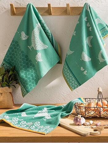 Lot de 2 torchons imprimées en jacquard de coton, COCOTTE ET POULETTES