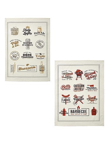 Lot de 2 torchons imprimés en coton, BRASSERIE ET GRILLADES