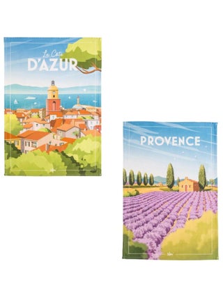 Lot de 2 torchons imprimés en coton, CÔTE D'AZUR ET PROVENCE