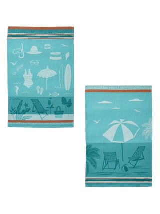 Lot de 2 torchons imprimés en jacquard de coton, PLAGE FARNIENTE