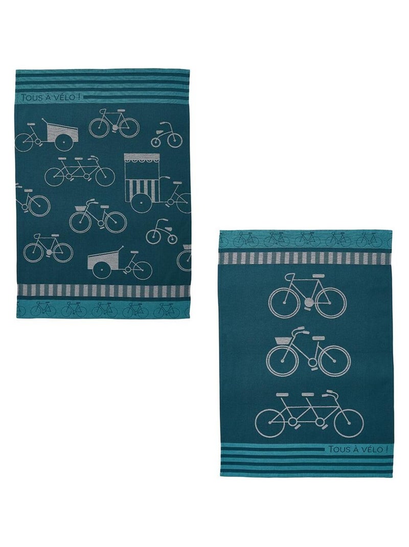 Lot de 2 torchons imprimés en jacquard de coton, VELOS Bleu foncé - Kiabi