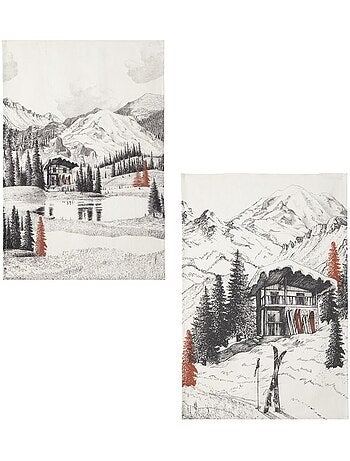 Lot de 2 torchons imprimés en lin, MONTAGNE