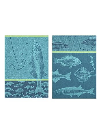 Lot de 2 torchons jacquard pur coton, POISSONS