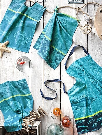 Lot de 2 torchons jacquard pur coton, POISSONS