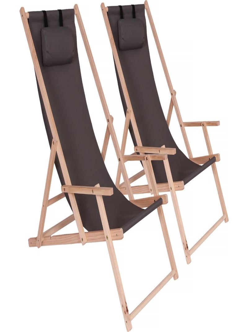Lot de 2 transat en bois "Chilienne" avec accoudoir - 107 x 56.5 x 81 cm - Gris Foncé Gris foncé - Kiabi