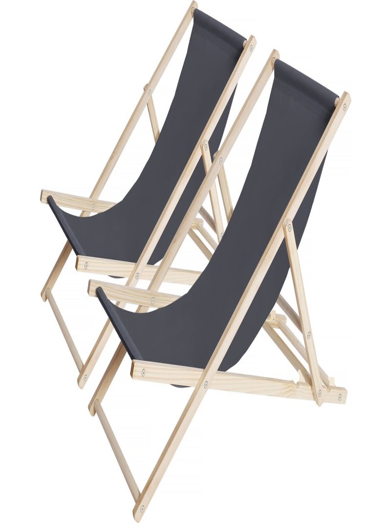 Lot de 2 transats en bois "Chilienne" - 107 x 56.5 x 81 cm - Gris Gris - Kiabi