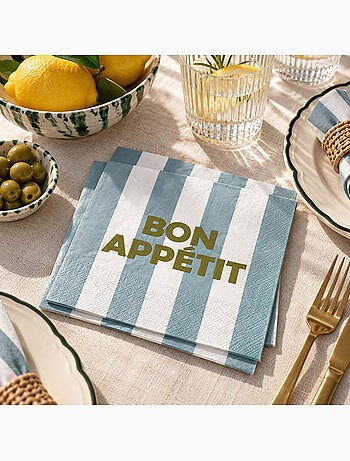 Lot de 20 serviettes en papier motif rayures bon appétit
