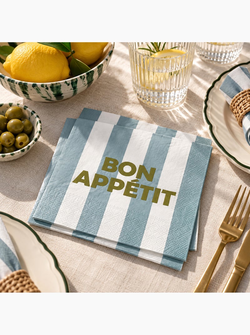 Lot de 20 serviettes en papier motif rayures bon appétit Bleu - Kiabi