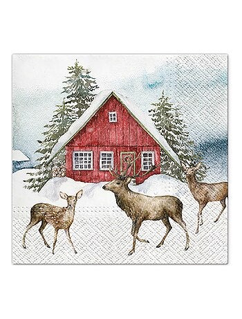 Lot de 20 serviettes en papier Rennes et maison dans la neige