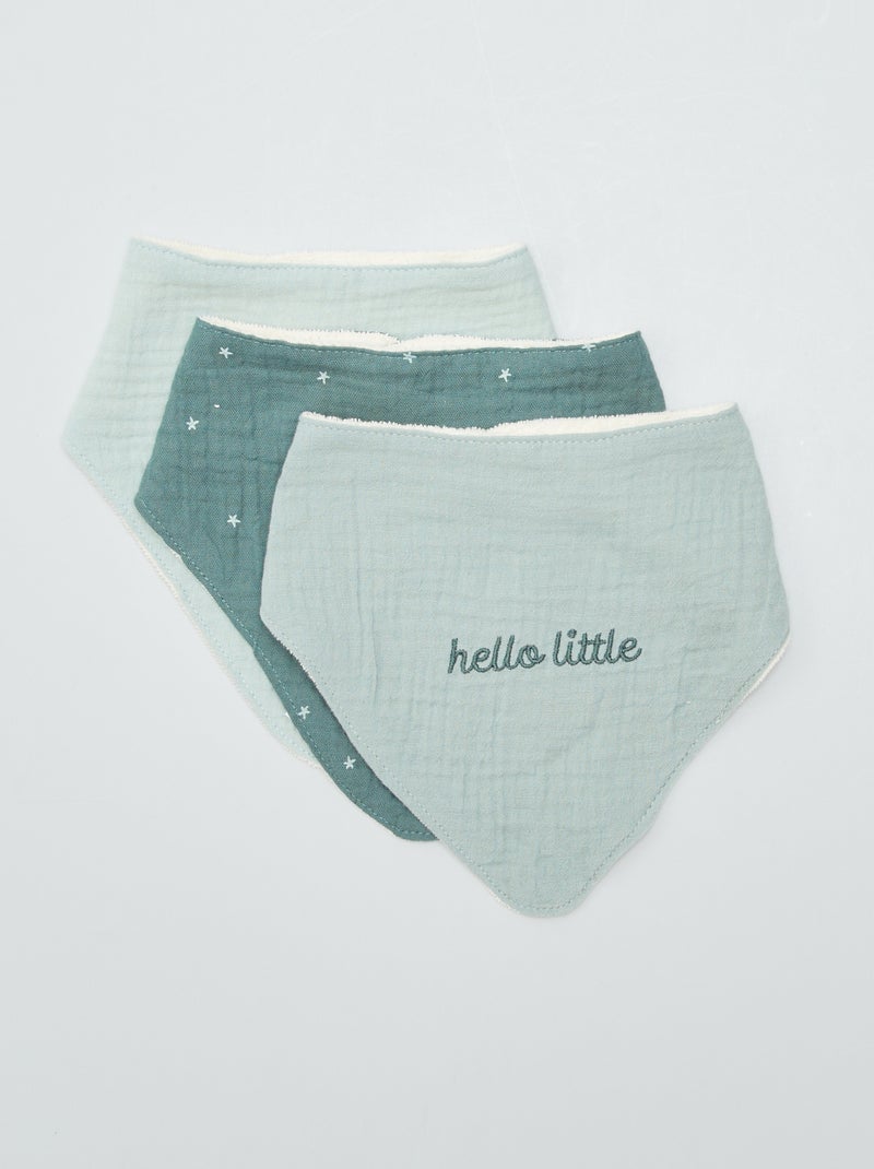 Lot de 3 bavoirs triangle en double gaze de coton Verts - Kiabi