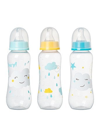 Product Lot de 3 biberons de 250 ml, équipés d'une tétine à bout arrondi qui contribue à faciliter la tétée et à diminuer les coliques. - Lot de 3 biberons gradués de 250 ml - En plastique léger - Motifs 'nuages' - Équipé d'une tétine en silicone 1er âge - 6 mois et plusHabillement Bébé / Fille 0-36 mois / Puériculture / Pour les repas Standard KIABI