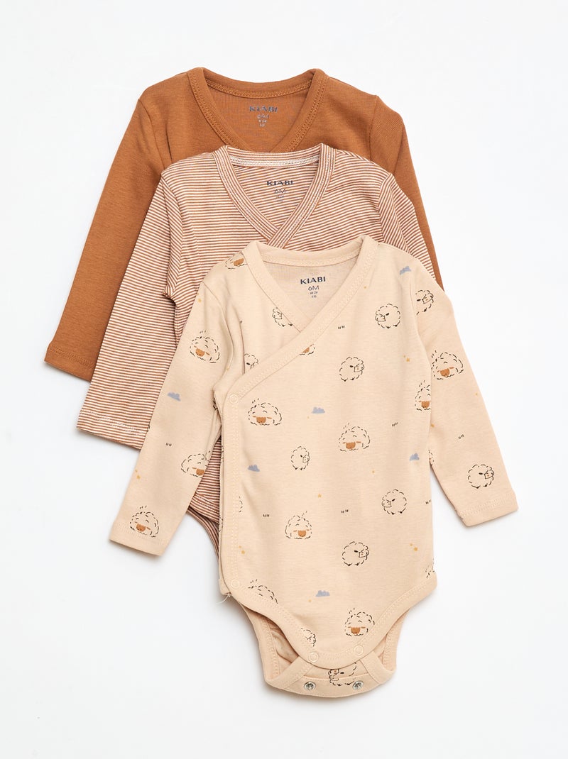 Lot de 3 bodies à manches longues avec ouverture pressionnée Beige - Kiabi
