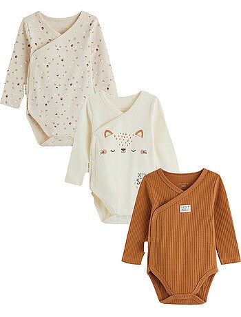 Lot de 3 bodies bébé manches longues ouverture croisée caramel