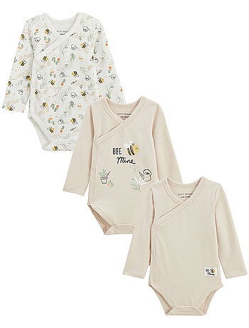 Lot de 3 bodies bébé manches longues ouverture croisée Eden