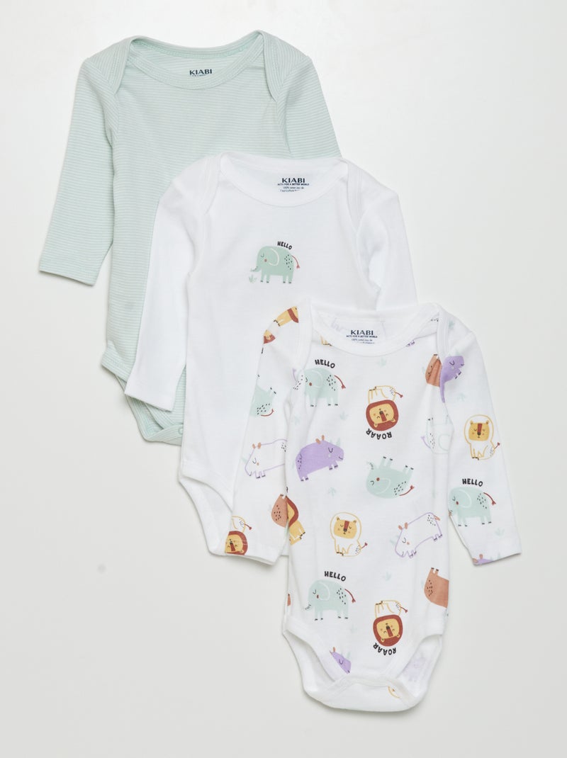 Lot de 3 bodies manches longues Blanc/bleu vert - Kiabi