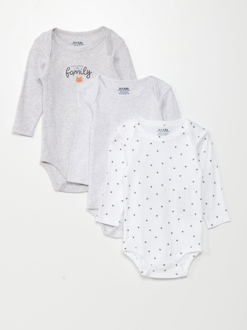 Lot de 3 bodies manches longues Blanc/gris - Kiabi