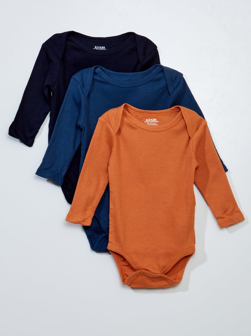 Lot de 3 bodies manches longues Bleu/Orange - Kiabi