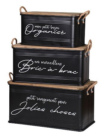 Lot de 3 boites de rangement en métal - Noir et bois