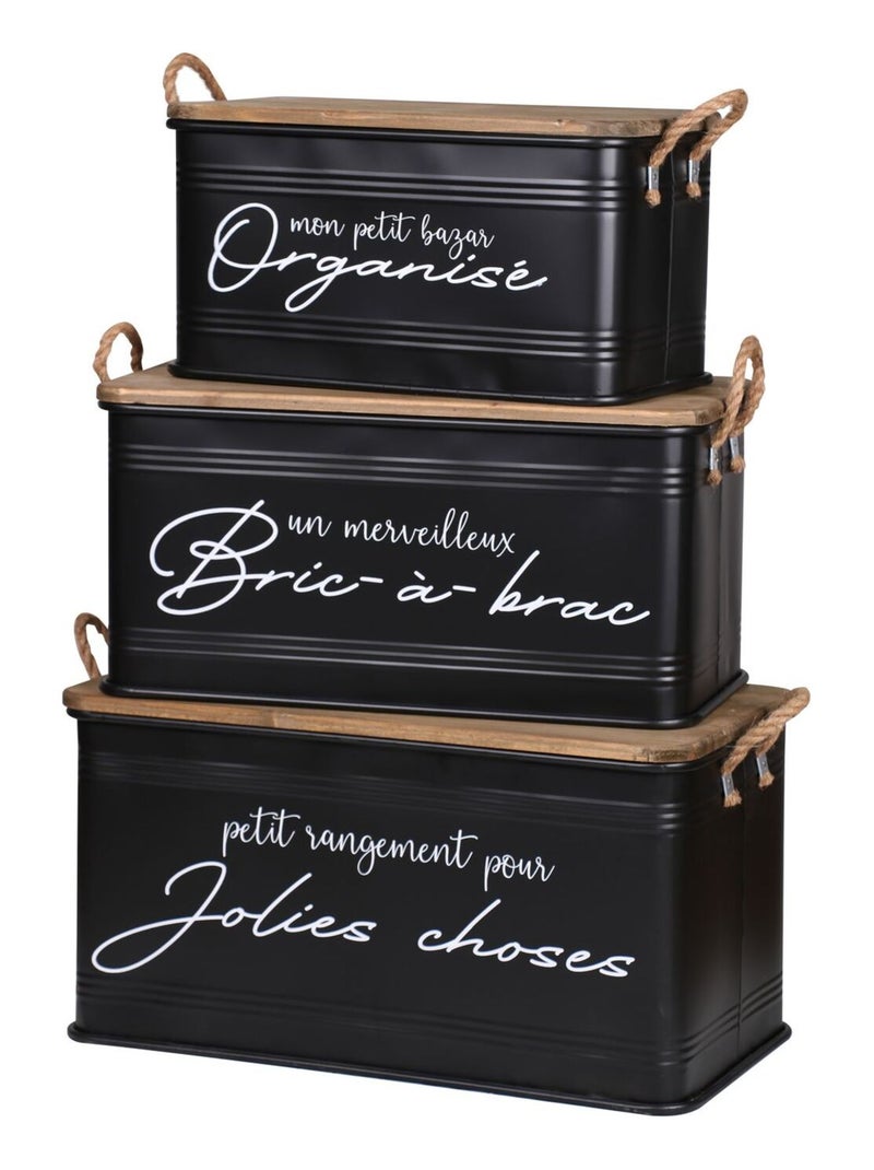 Lot de 3 boites de rangement en métal - Noir et bois Noir - Kiabi