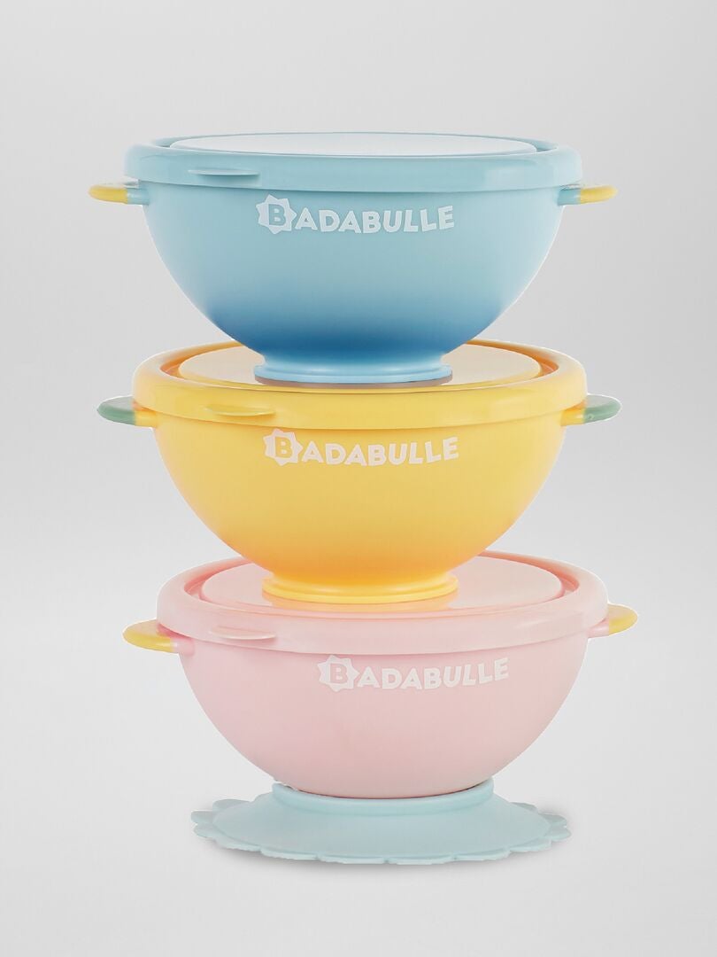 Lot de 3 bols avec couvercle 'Badabulle' - Bleu/jaune/rose - Kiabi - 10.00€