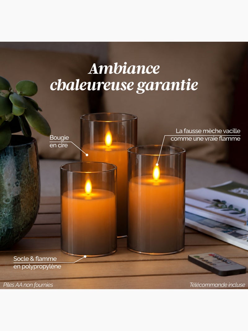 Lot de 3 bougies à led en cire, flamme vacillante, luminosité réglable - minuterie - vivezen Transparent - Kiabi