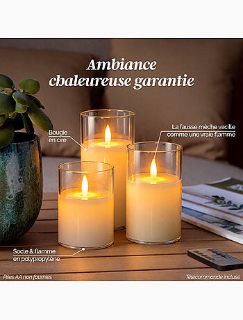 Lot de 3 bougies à led , flamme vacillante, luminosité réglable - minuterie - vivezen