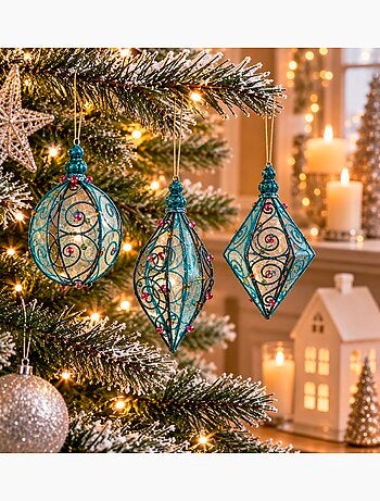 Lot de 3 boules de noël en métal bleu et rose