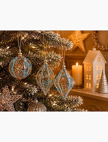 Lot de 3 boules de noël en métal bleu et rouge