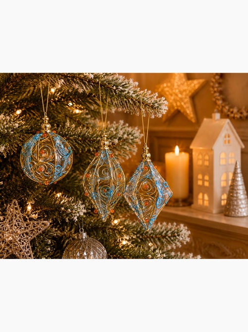 Lot de 3 boules de noël en métal bleu et rouge - Kiabi